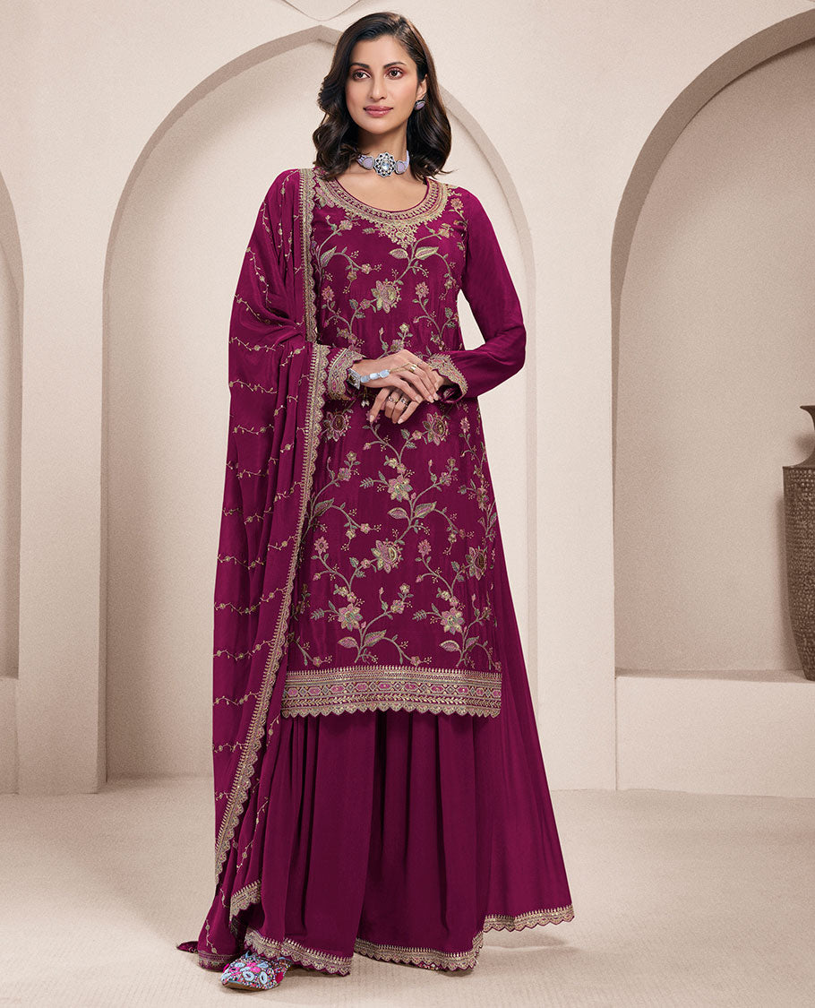 Maroon dress material catalouge floral thread embroidery top with palazzo pants & floral embroidery scallop border dupatta