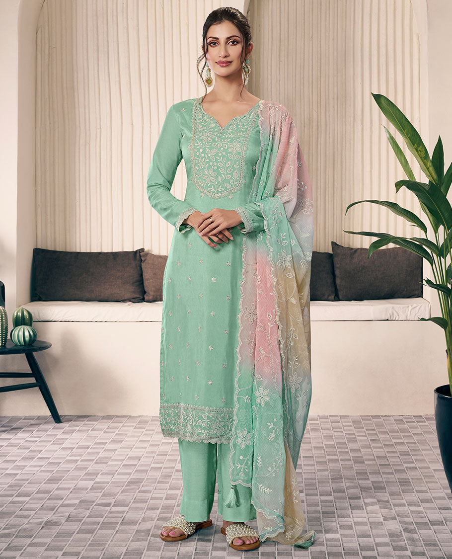 Green dress material catalouge floral embroidery top with plain pants & floral embroidery scallop border dupatta