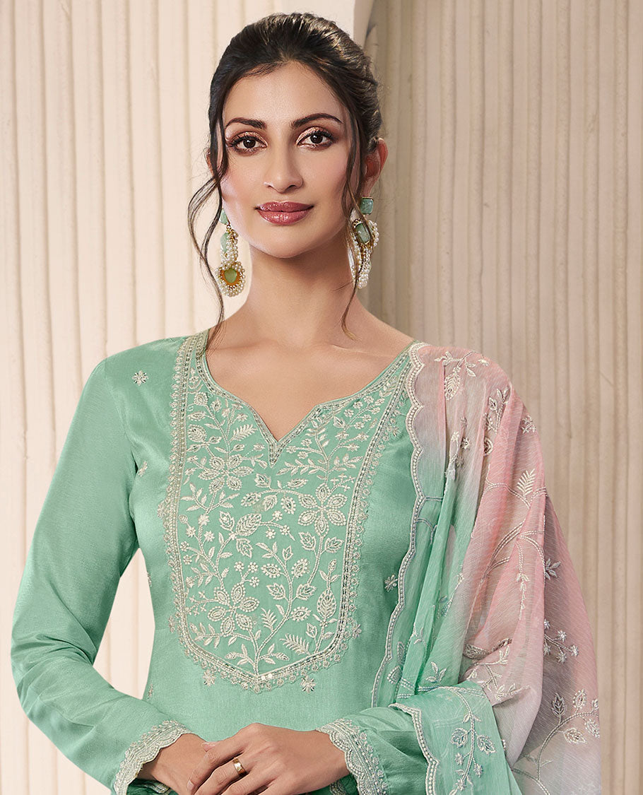 Green dress material catalouge floral embroidery top with plain pants & floral embroidery scallop border dupatta