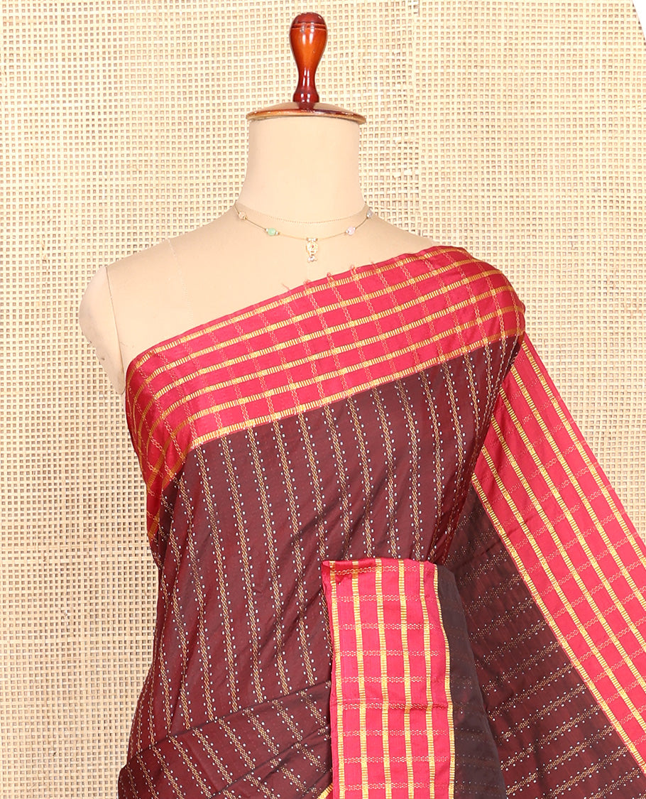Maroon Aarani Silk Saree, Accentuated with Zari Stripes All Over Its Body, Complemented by a Contrast Zari Checked Design Border, Striped Pallu, and Paired with a Matching Blouse