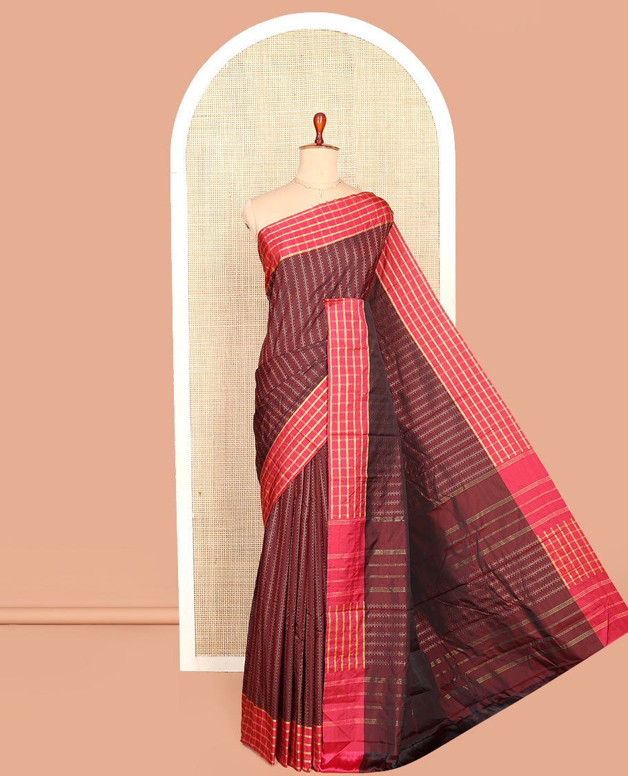 Maroon Aarani Silk Saree, Accentuated with Zari Stripes All Over Its Body, Complemented by a Contrast Zari Checked Design Border, Striped Pallu, and Paired with a Matching Blouse