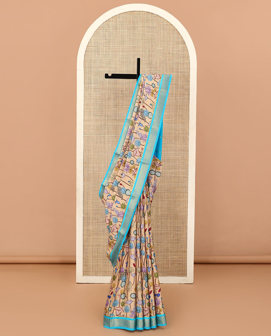 Sandal kalamkari lotus vine and peacock printed mysore silk saree, contrast traditional zari border and zari striped pallu