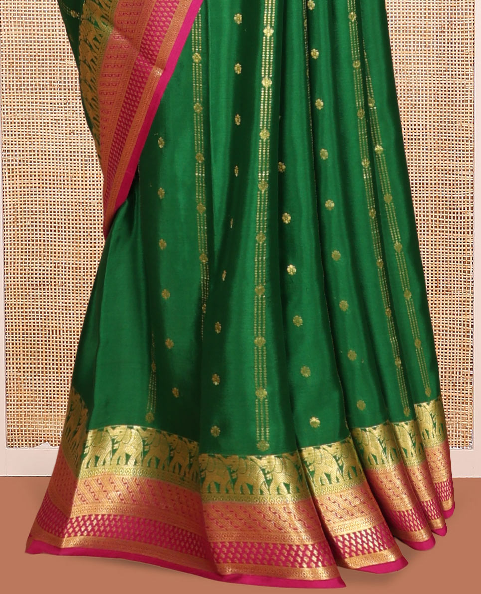 Green Mysore Silk Saree, Artfully Detailed with Zari Buttas and Stripes, a Contrast Traditional Zari Border, Intricately Designed Pallu, and a Contrast Blouse