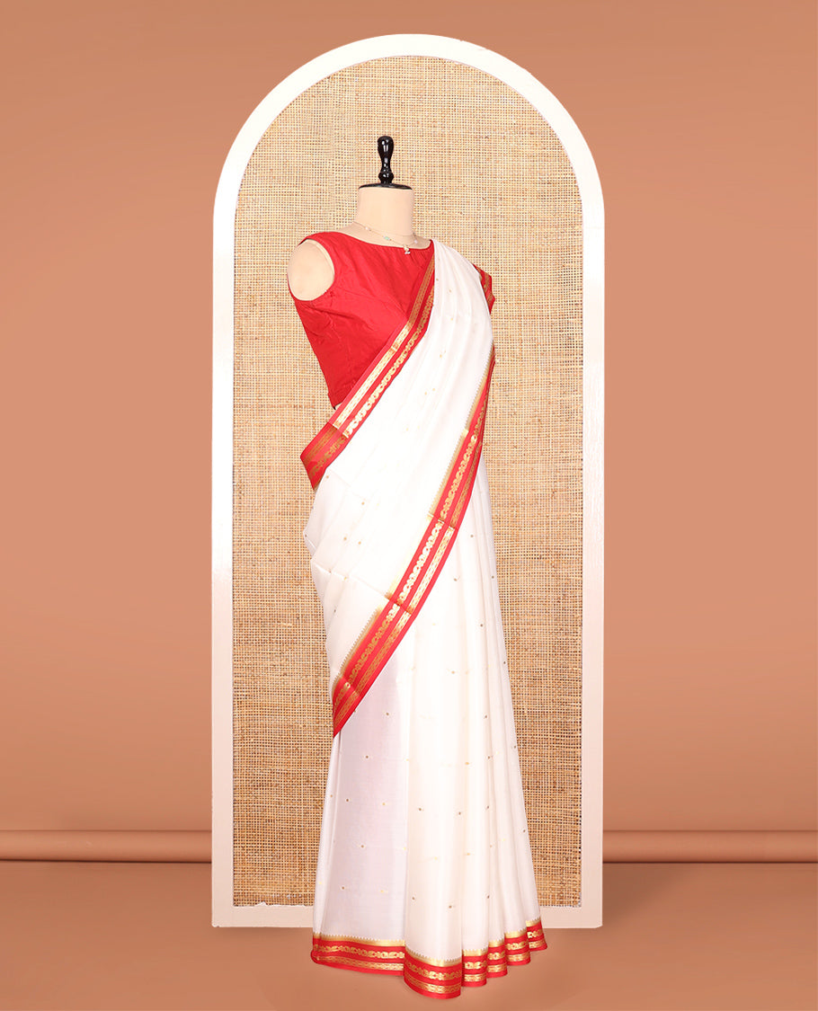 White Mysore Silk Saree, Subtly Woven with Buttas, Complemented by a Contrast Traditional Zari Border, Zari Design Pallu, and a Contrast Blouse