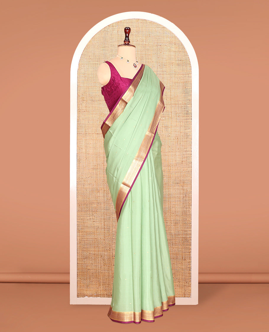 Pale Green Zari Buttas Mysore Silk Saree, Complemented by a Contrast Traditional Zari Border, Zari Design Pallu, and a Contrast Blouse