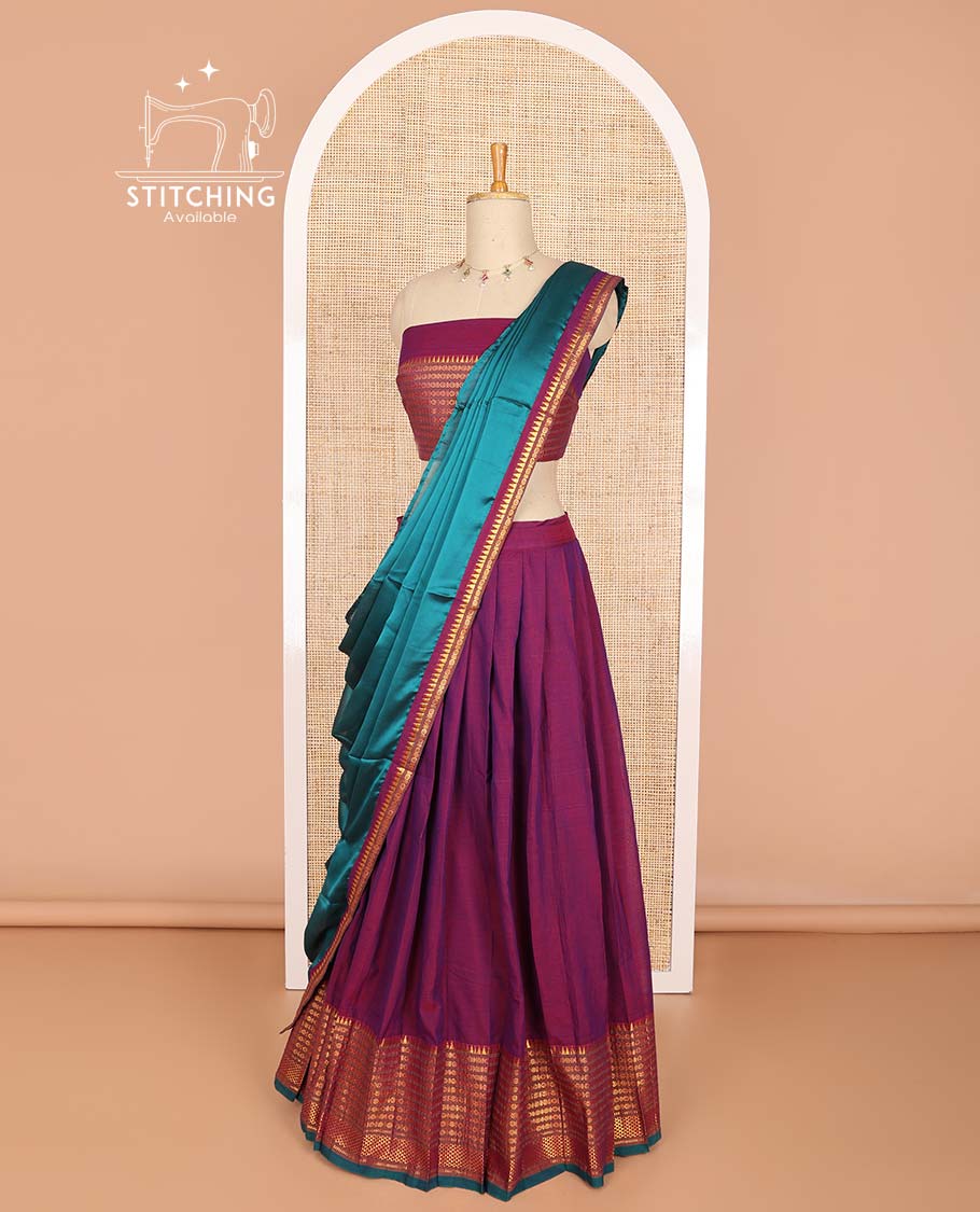 Purple cotton half saree with contrast geometric design border, zari design blouse & temple border dhavani