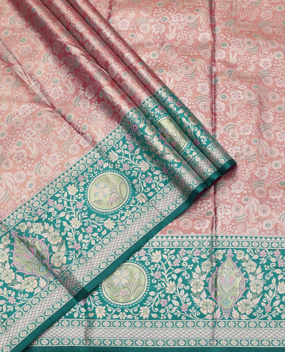 Pink Art Silk Half-Saree, Opulently Embellished with Jacquard Design, Contrast Intricate Motif Border, Paired with a Contrast Jacquard Blouse, and an Intricate Dhavani