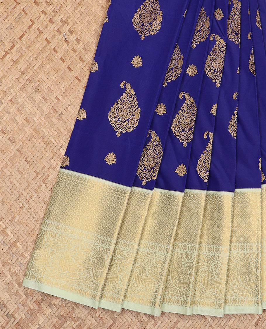 Blue zari buttas budget silk saree, contrast traditional zari design border, and zari-rich pallu