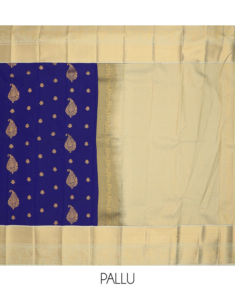 Blue zari buttas budget silk saree, contrast traditional zari design border, and zari-rich pallu