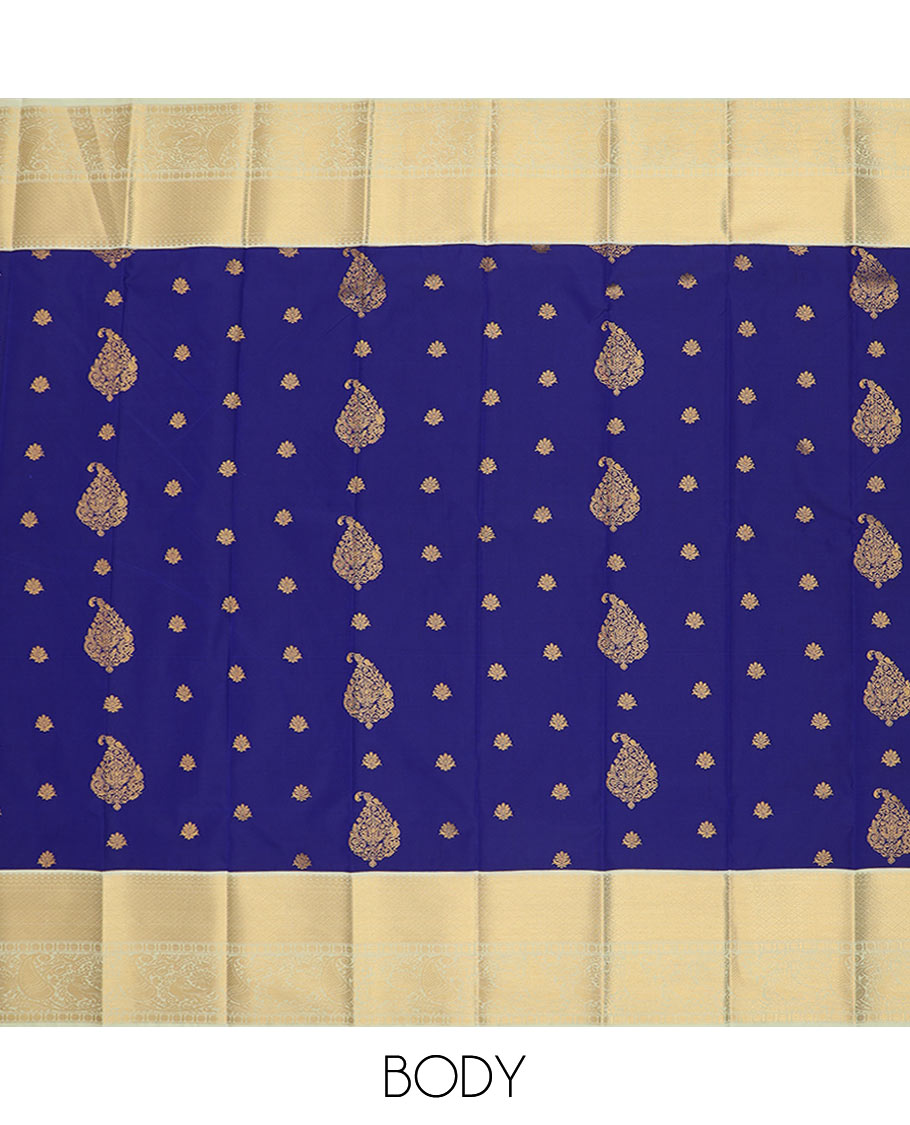 Blue zari buttas budget silk saree, contrast traditional zari design border, and zari-rich pallu