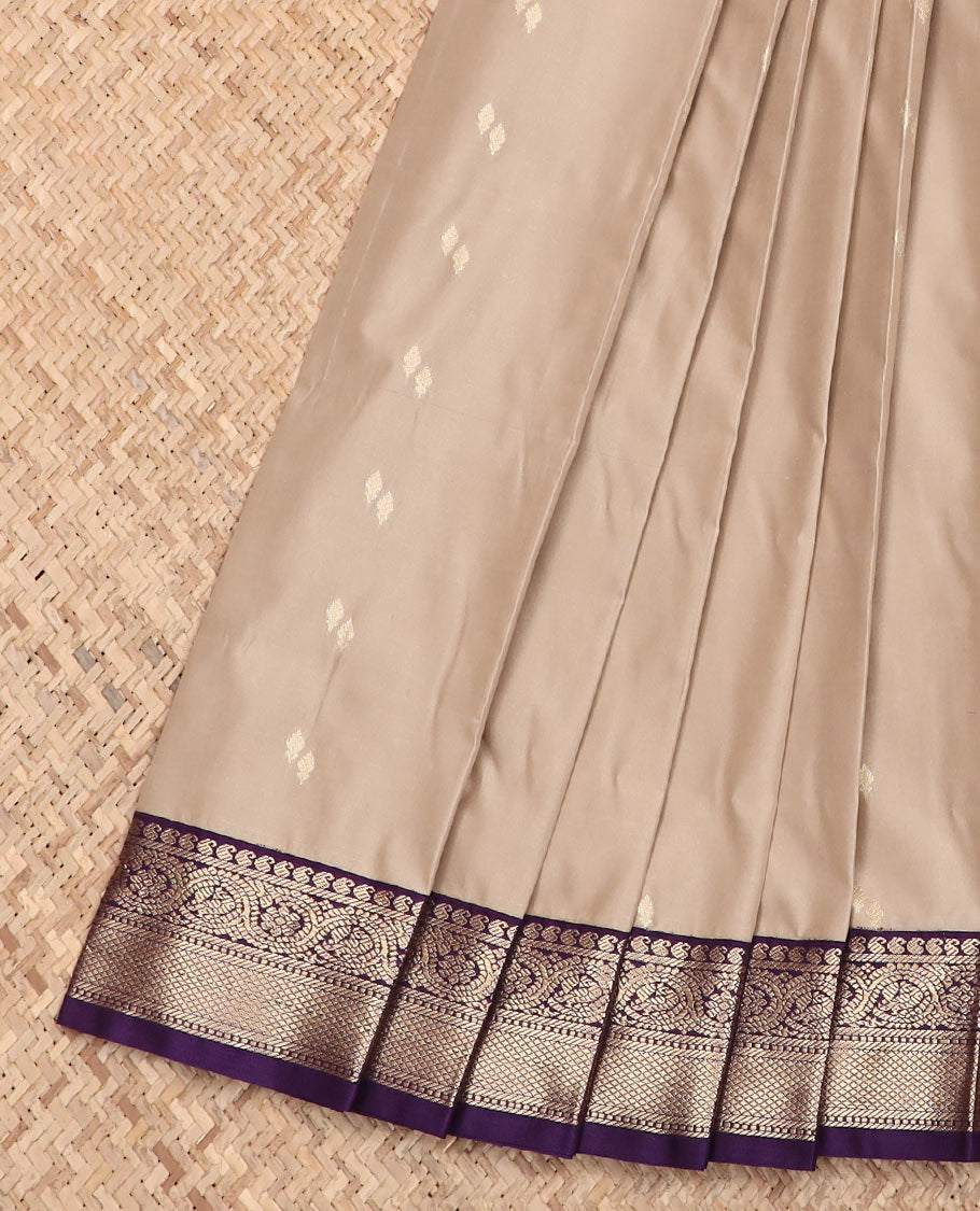 Grey zari buttas budget silk saree, contrast traditional zari border, and jaal pallu