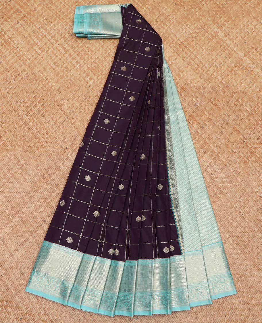 Dark Brown Budget Silk Saree Embellished with Zari Butta Enclosed Checks, Complemented by a Contrast Traditional Zari Design Border, Subtly Designed Jaal Pallu, and Paired with a Contrast Blouse