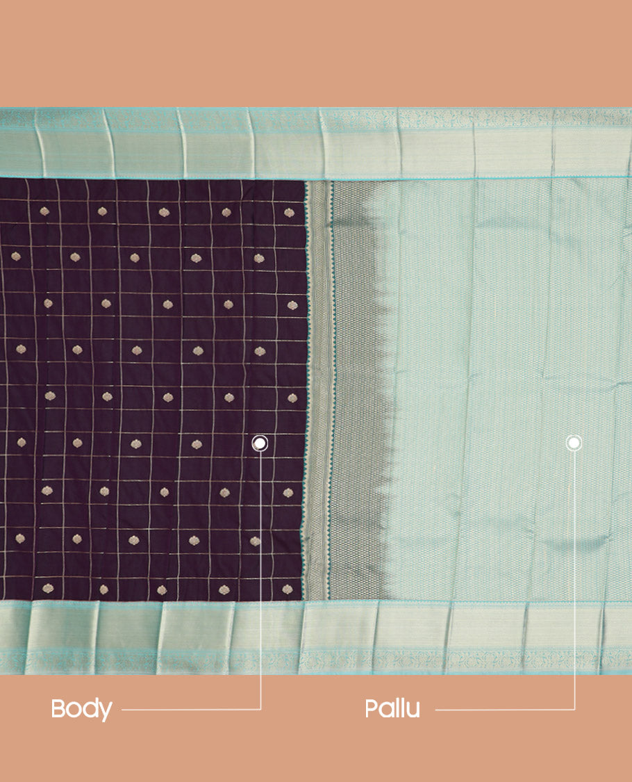 Dark Brown Budget Silk Saree Embellished with Zari Butta Enclosed Checks, Complemented by a Contrast Traditional Zari Design Border, Subtly Designed Jaal Pallu, and Paired with a Contrast Blouse