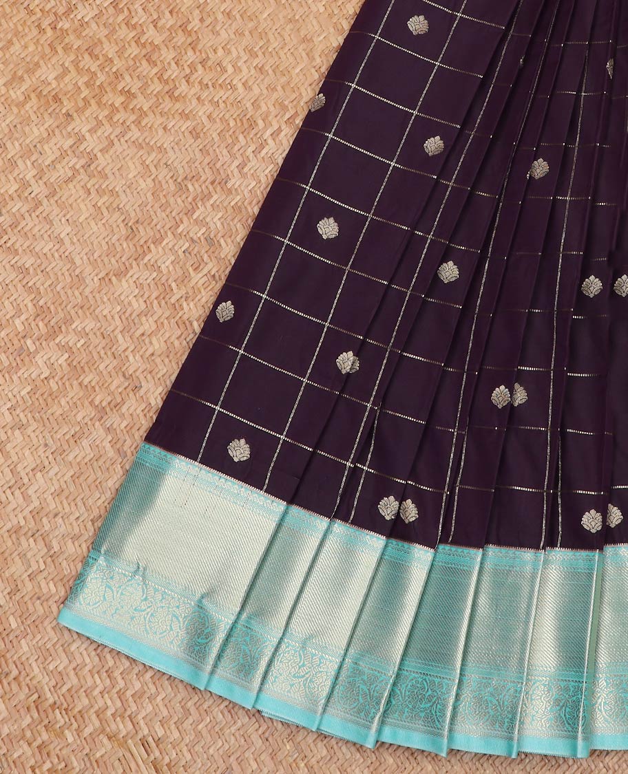 Dark Brown Budget Silk Saree Embellished with Zari Butta Enclosed Checks, Complemented by a Contrast Traditional Zari Design Border, Subtly Designed Jaal Pallu, and Paired with a Contrast Blouse
