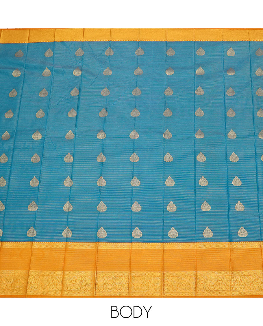 Blue zari buttas and striped budget silk saree, contrast traditional zari design border, and pallu of intricate designs