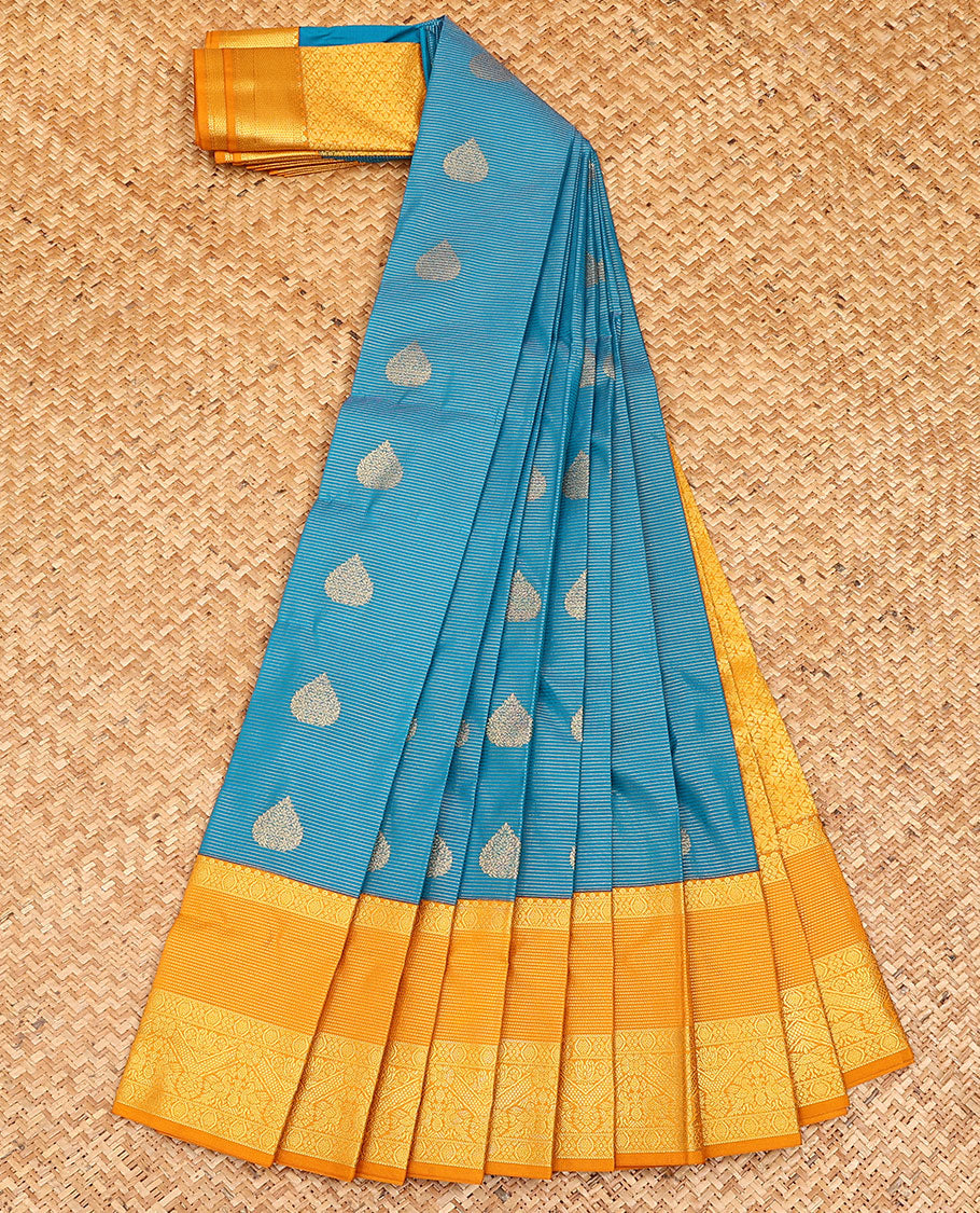 Blue zari buttas and striped budget silk saree, contrast traditional zari design border, and pallu of intricate designs