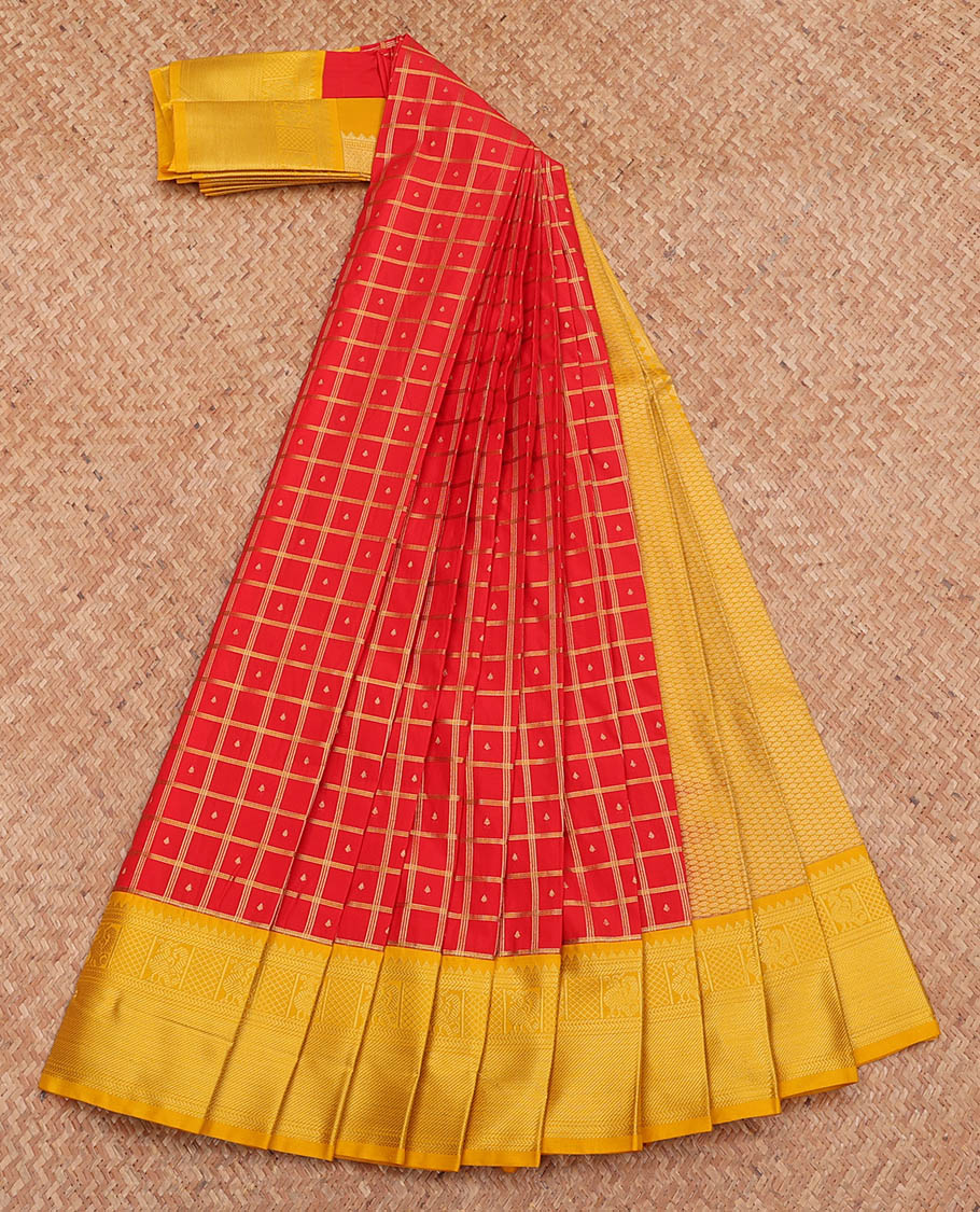 Red Budget Silk Saree, Embellished with Zari Butta Enclosed Checks, Complemented by a Contrast Traditional Zari Border, Grand Pallu, and a Contrast Blouse