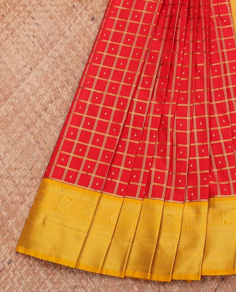 Red Budget Silk Saree, Embellished with Zari Butta Enclosed Checks, Complemented by a Contrast Traditional Zari Border, Grand Pallu, and a Contrast Blouse