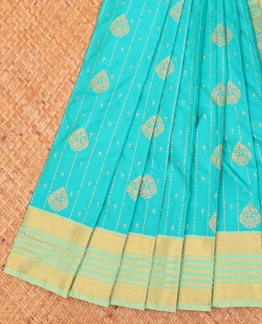 Blue zari design budget silk saree, contrast traditional zari border, and jaal pallu