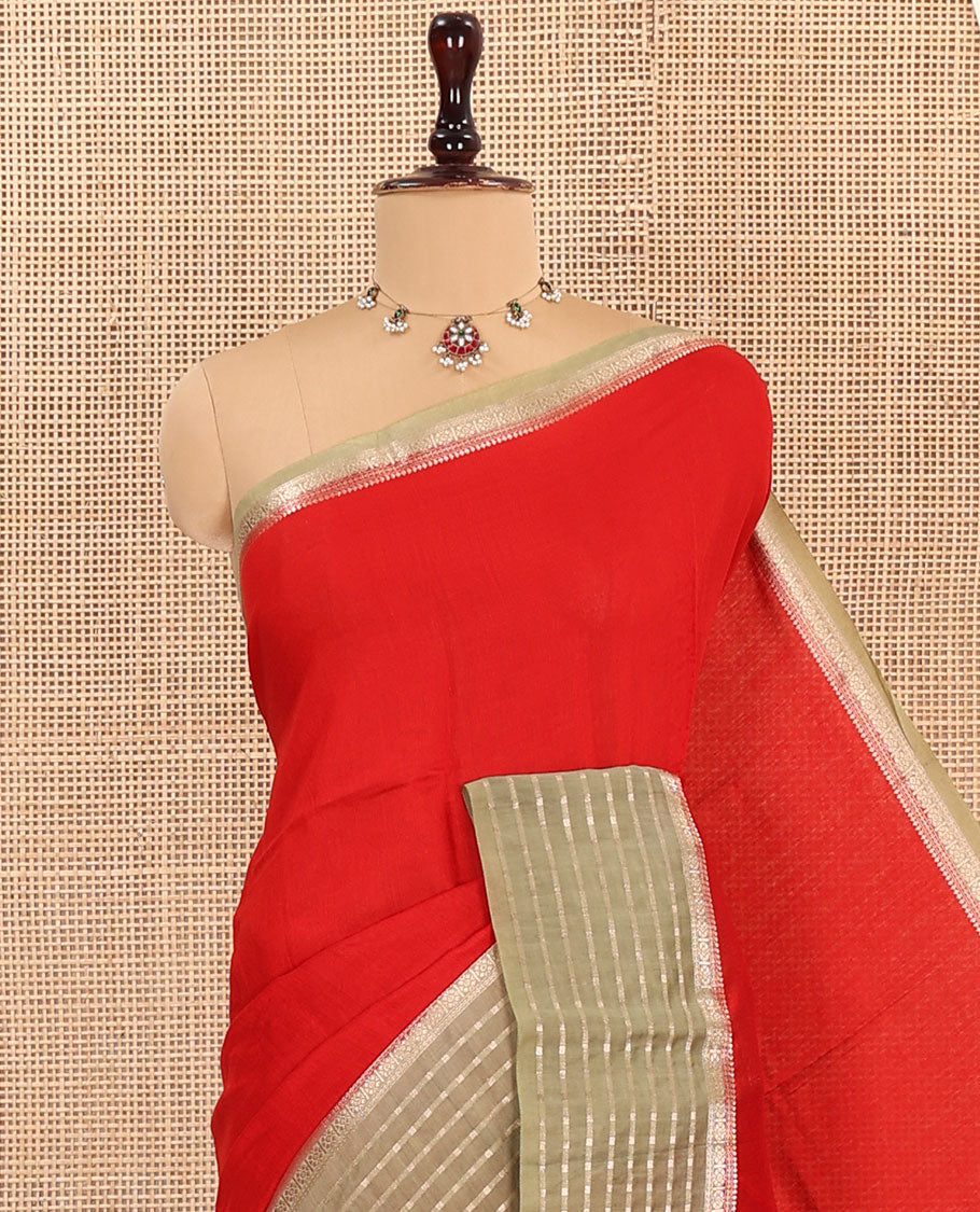 Red Plain Assam Silk Saree, Complemented by a Contrast Zari Border of Stripes, Pallu Gleamed Up with Zari Stripes, and Paired with a Contrast Blouse