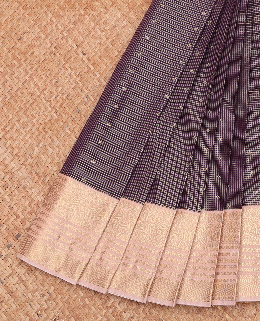 Purple Budget Silk Saree, Opulently Embellished with Zari Buttas and Checks, Complemented by Contrast Traditional Zari Border, Jaal Pallu, and a Contrast Blouse