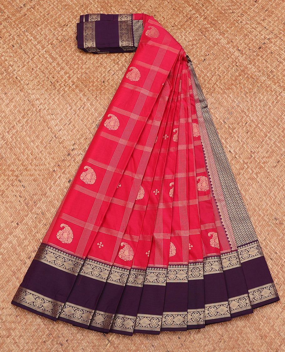 Red Budget Silk Saree, Elevated with Zari Butta Enclosed Checks, Complemented by a Contrast Traditional Zari Rettai Pettu Border, Grand Pallu, and a Contrast Blouse