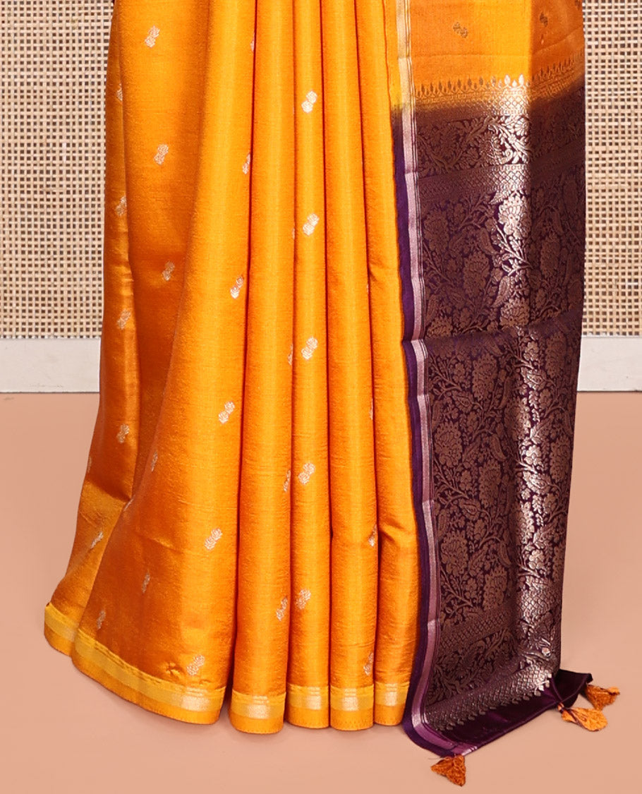 Orange Satin Silk Saree, Finely Crafted with Buttas, a Subtle Piping Border, Complemented by a Contrast Floral-Paisley Jaal Pallu, and a Contrast Blouse