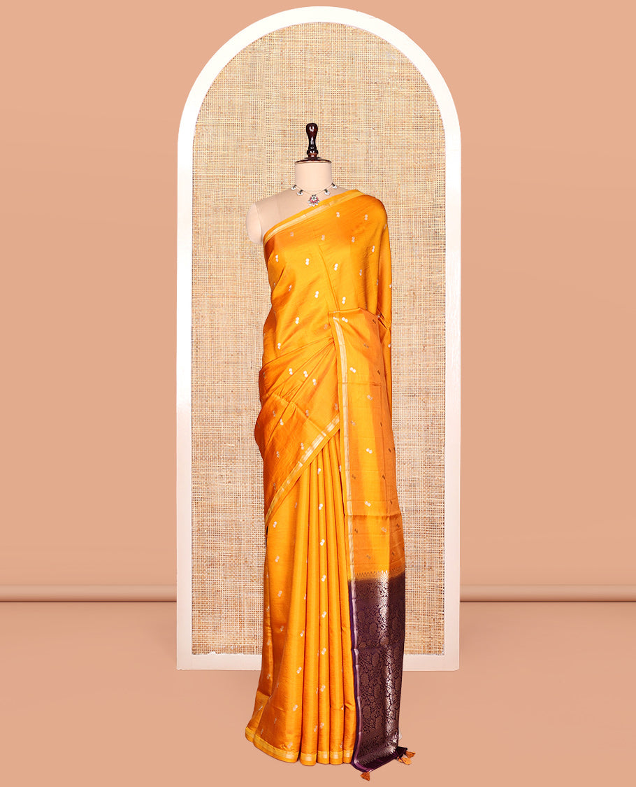 Orange Satin Silk Saree, Finely Crafted with Buttas, a Subtle Piping Border, Complemented by a Contrast Floral-Paisley Jaal Pallu, and a Contrast Blouse