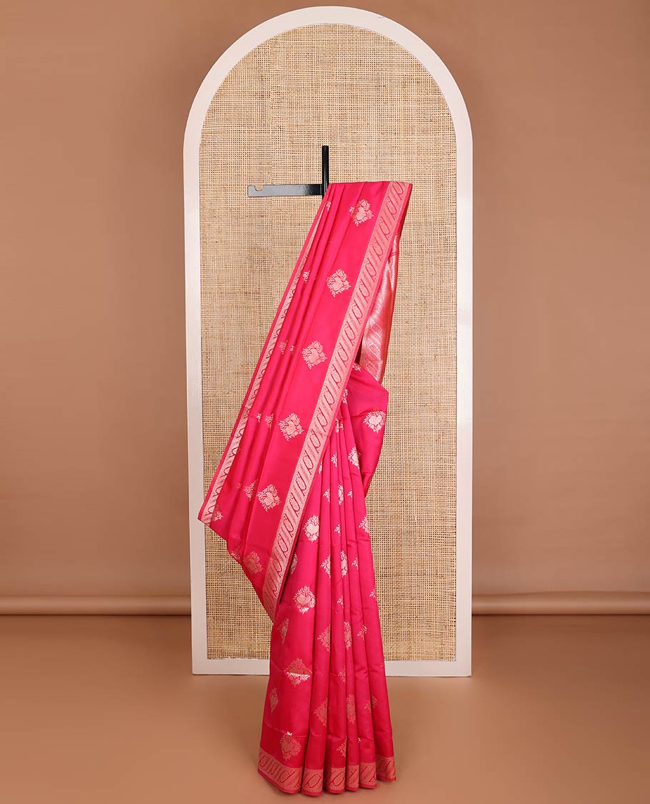 Pink zari buttas butter silk saree, floral zari design border & zari design weave pallu