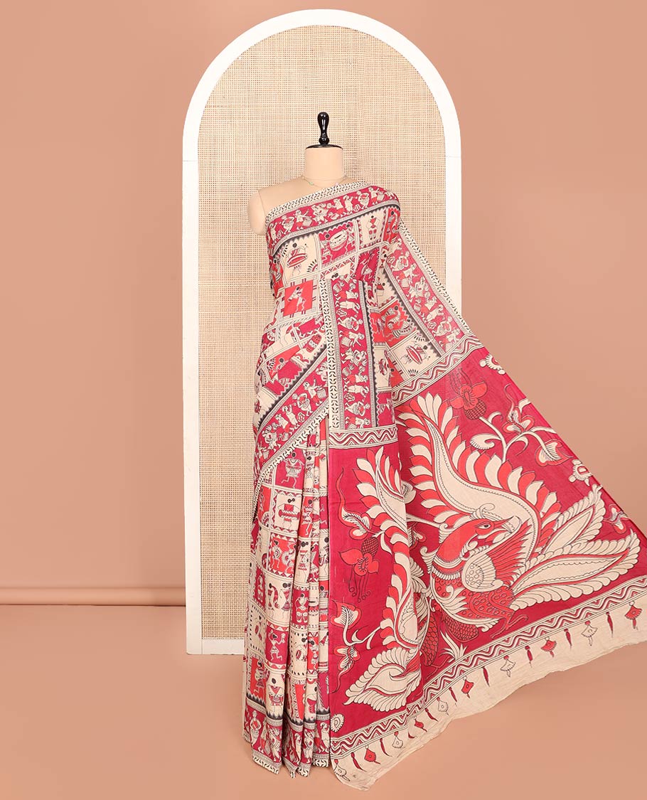 Pink Machine-Printed Kalamkari Cotton Saree Features Warli Motifs, a Self-Printed Border, Pallu of Peacock Print, and a Matching Blouse