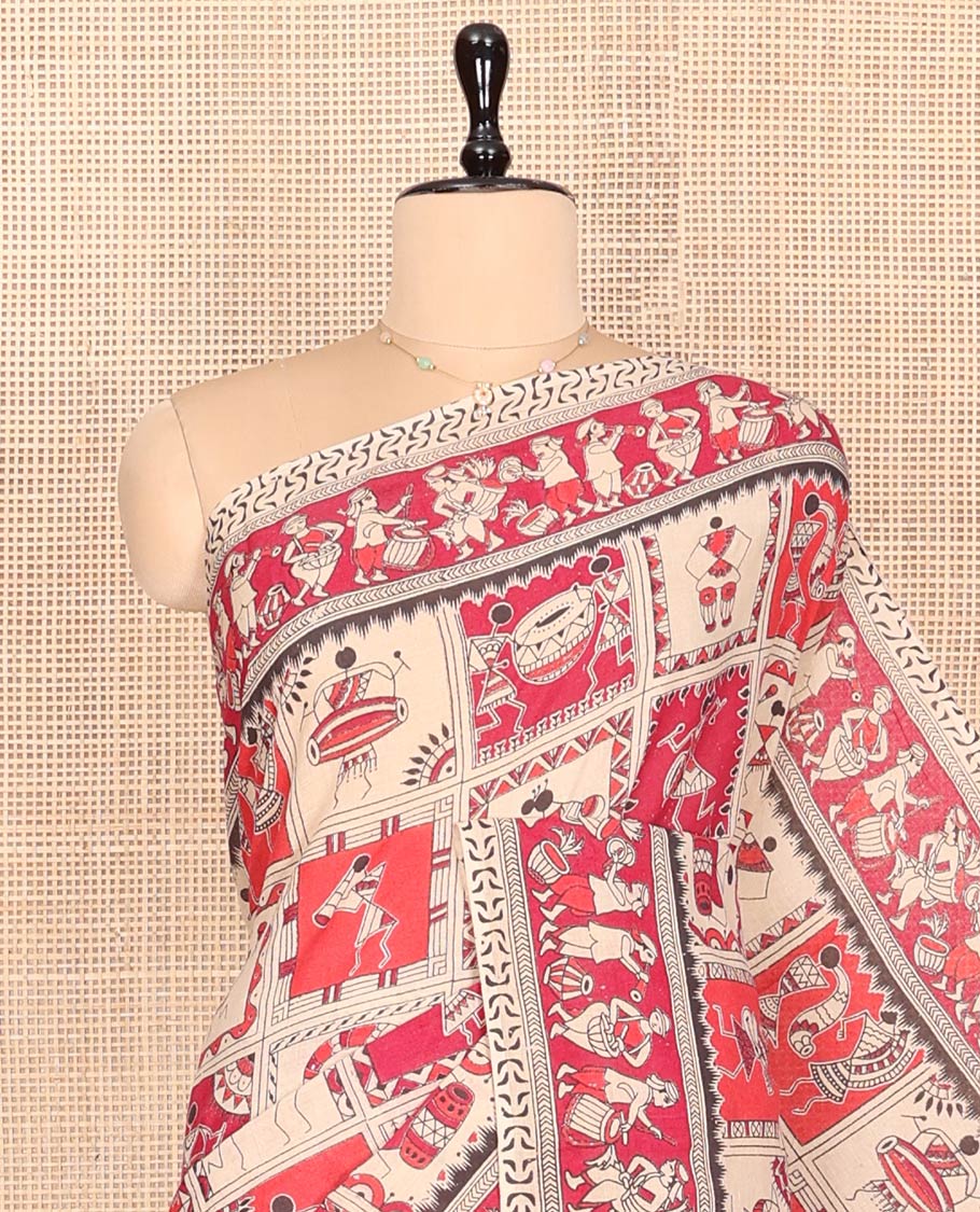 Pink Machine-Printed Kalamkari Cotton Saree Features Warli Motifs, a Self-Printed Border, Pallu of Peacock Print, and a Matching Blouse