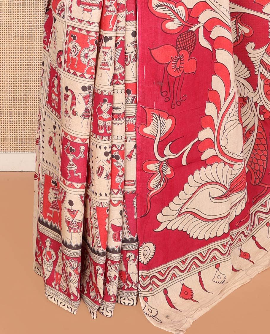 Pink Machine-Printed Kalamkari Cotton Saree Features Warli Motifs, a Self-Printed Border, Pallu of Peacock Print, and a Matching Blouse
