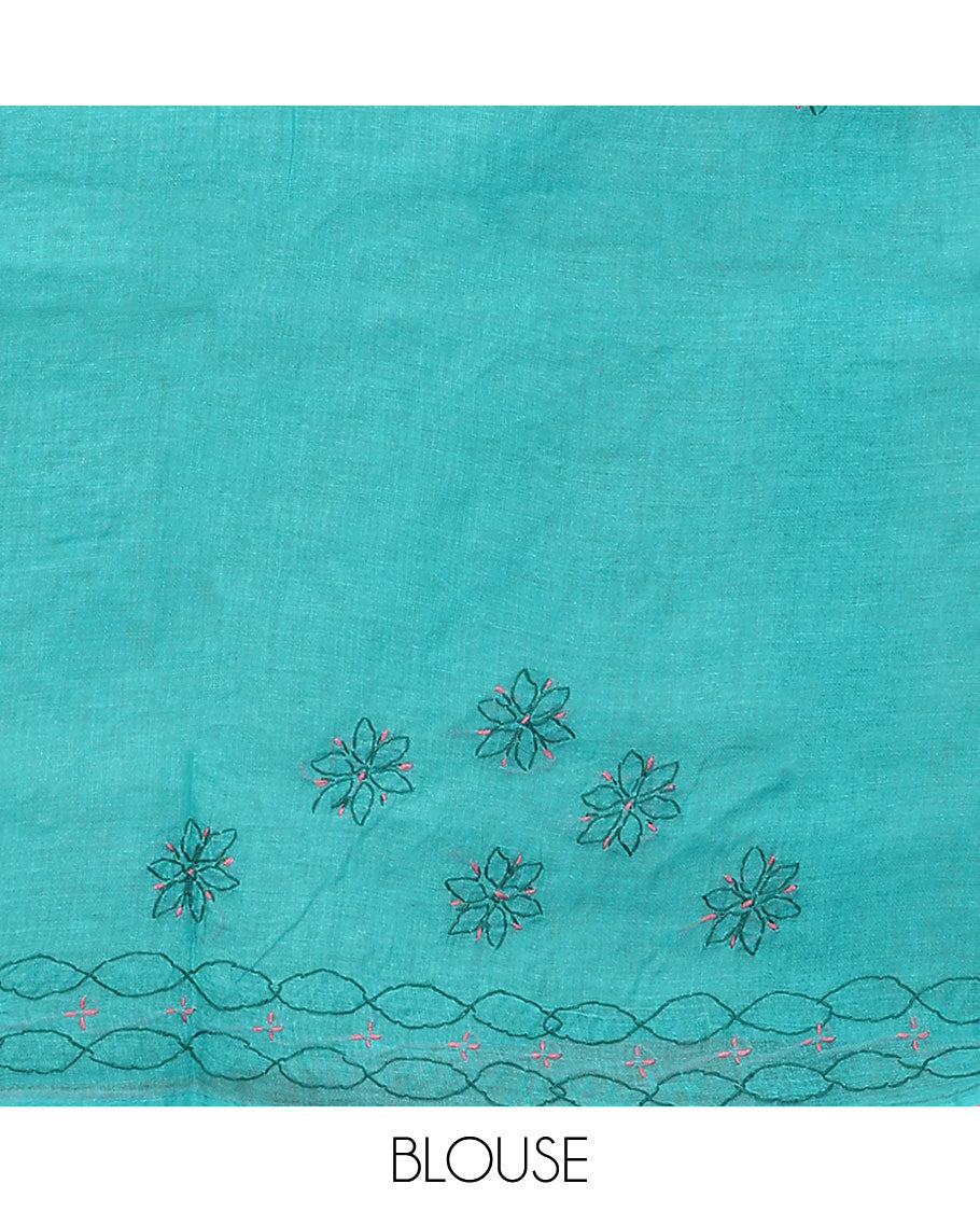 Blue flowers thread embroidered Lucknowi chikankari saree, ogee patterned border, and floral-paisley embroidered pallu