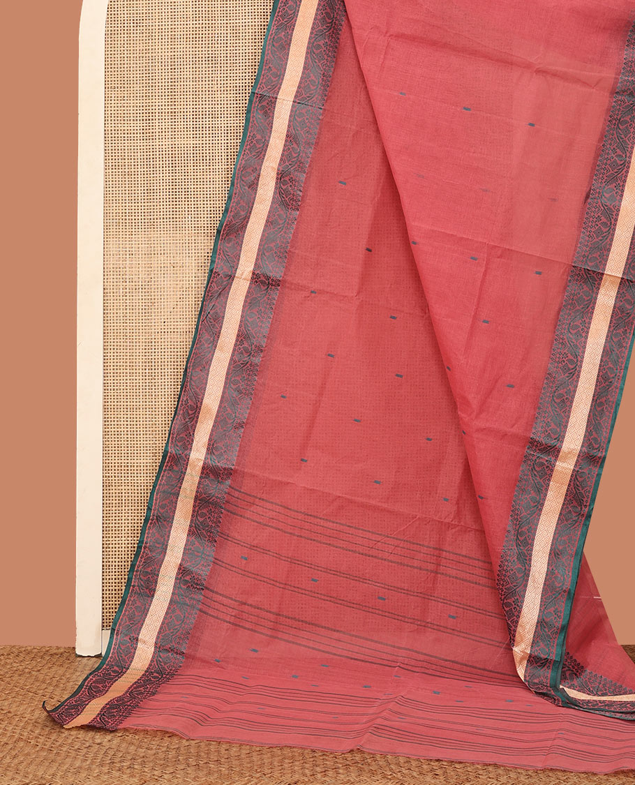 Pink Bengal Cotton Saree, Decked Up with Thread Buttas All Over Its Body, Delicately Woven Border of Floral Creeper Designs, Pallu of Sparse Stripes, and Comes Without a Blouse
