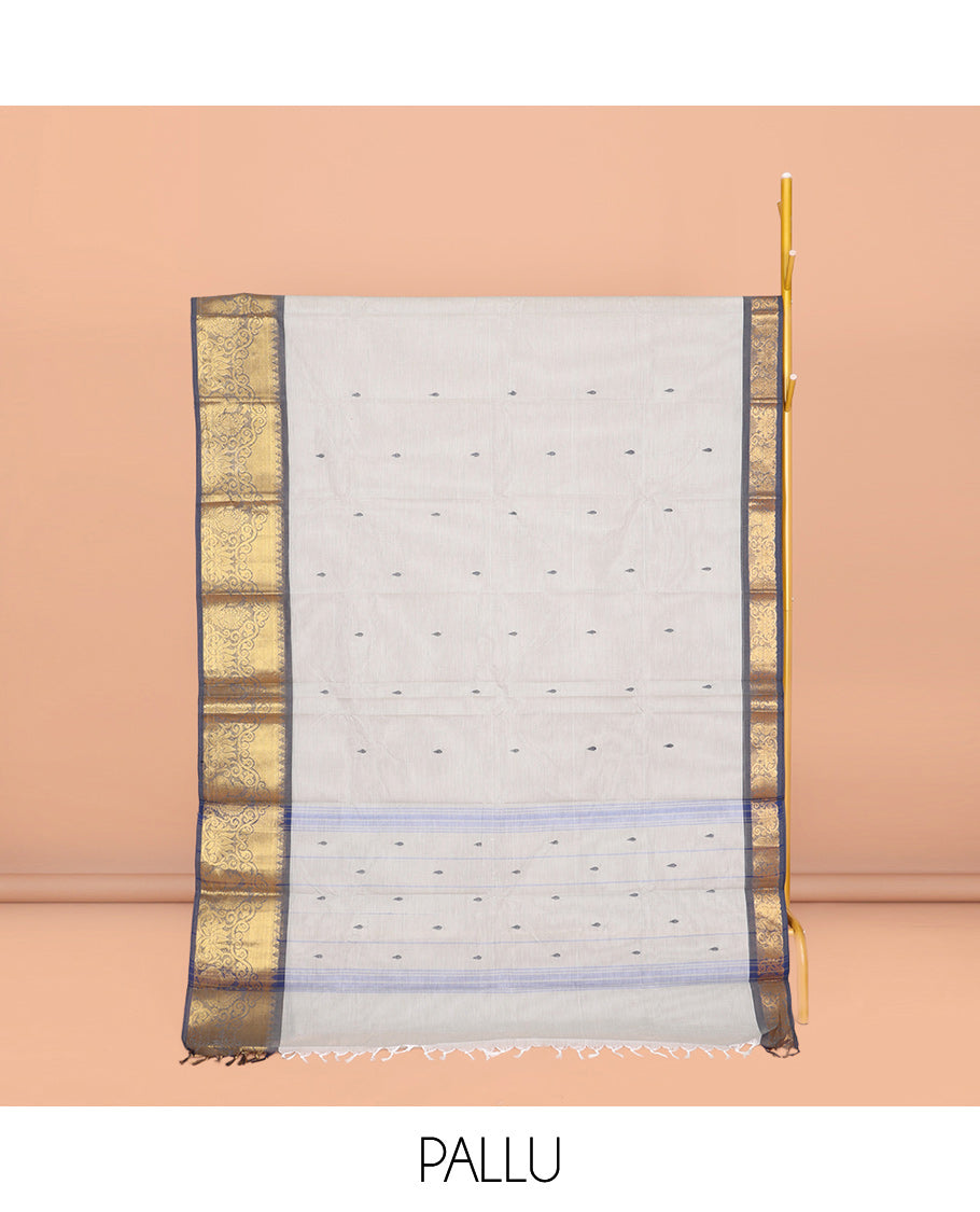 Grey Chettinad Cotton Saree, Adorned with Buttas All Over Its Body, Complemented by a Contrast Peacock Zari Design Border, Pallu of Stripes and Buttas, and Paired with a Matching Blouse
