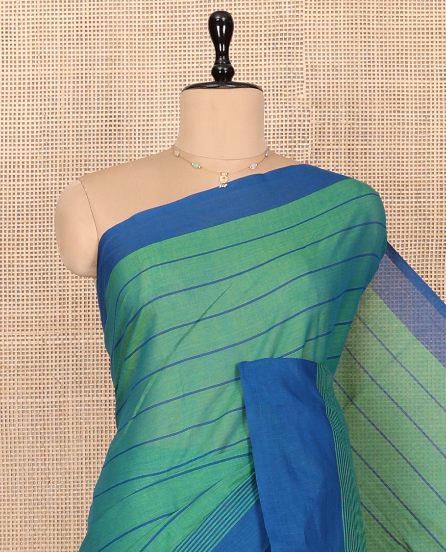 Green Striped Andhra Cotton Saree, Complemented by a Contrast Border, Striped Pallu, and a Matching Blouse