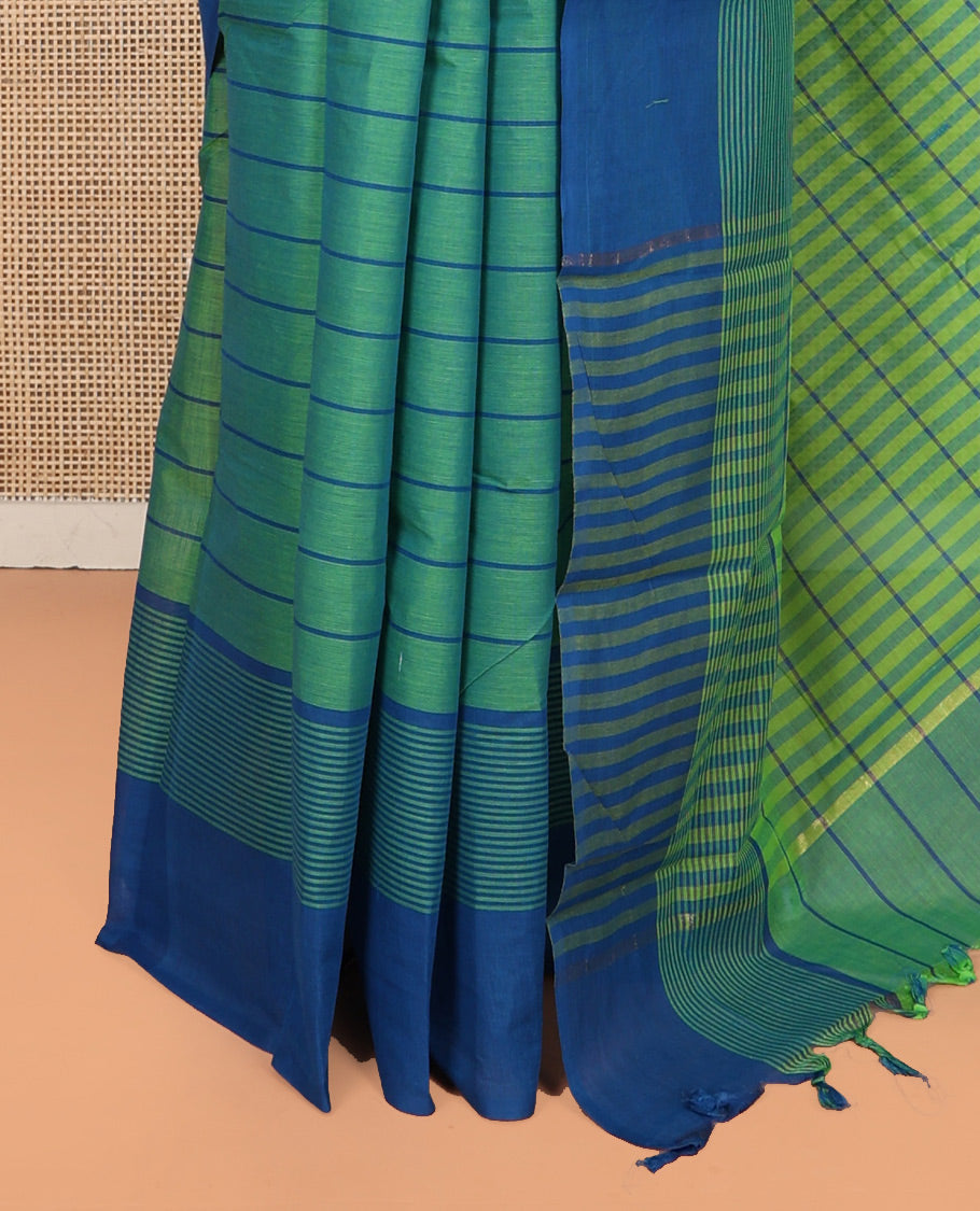 Green Striped Andhra Cotton Saree, Complemented by a Contrast Border, Striped Pallu, and a Matching Blouse