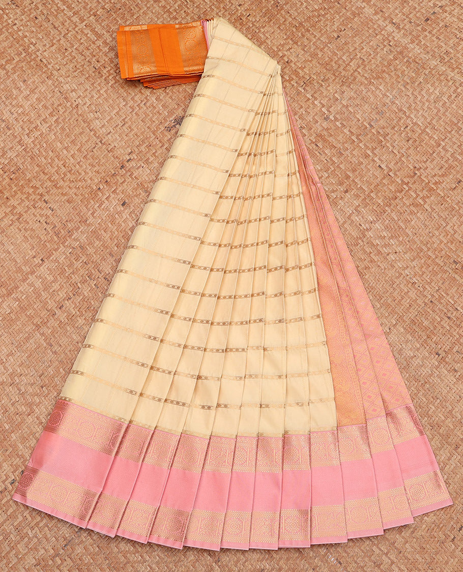 Cream Zari Striped Budget Silksaree,Contrast Ganga Jamuna Rettai Pettu Border,Jaal Pallu, Contrast Blouse