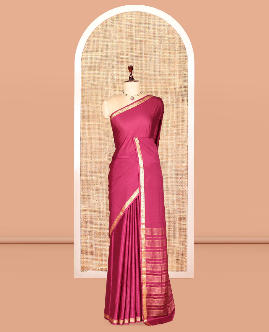 Wine Plain Semi-Mysore Saree, a Zari Elephant-Peacock Butta Border, Striped Pallu, Matching Blouse
