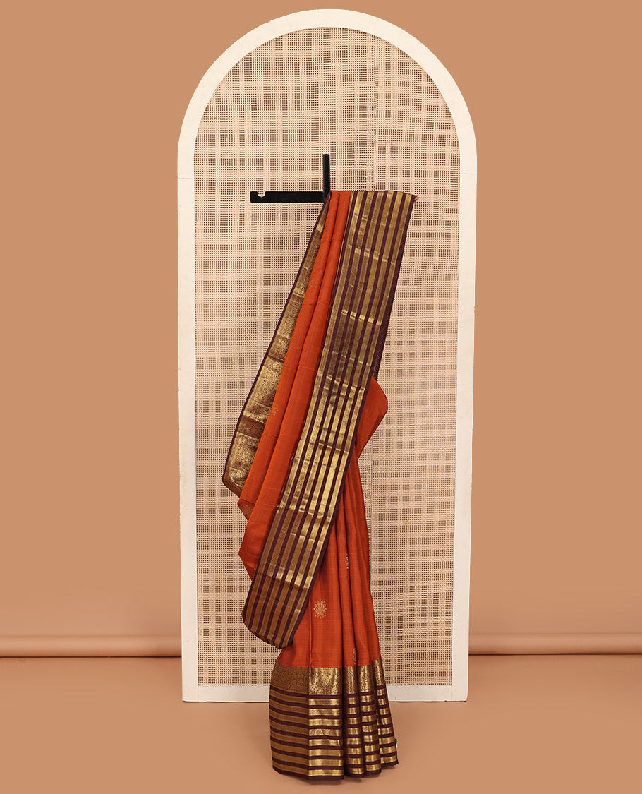 Orange zari buttas Kanchipuram silk saree, contrast varisai pettu border of thilakam mokku, banaras, muthu, kodi visiry, and mayil designs, and jaal pallu