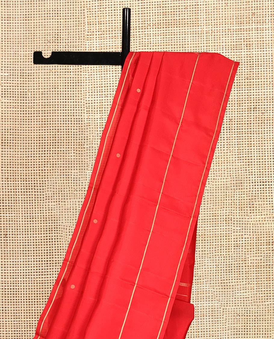Red Vasundhara Lite Silk Saree, Subtly Sparkled with Paisa Zari Buttas Across Its Body, Highlighted Zari Border of Horizontal Stripes, Gleaming Pallu of Seppu Rekku Designs, and Paired with a Matching Blouse