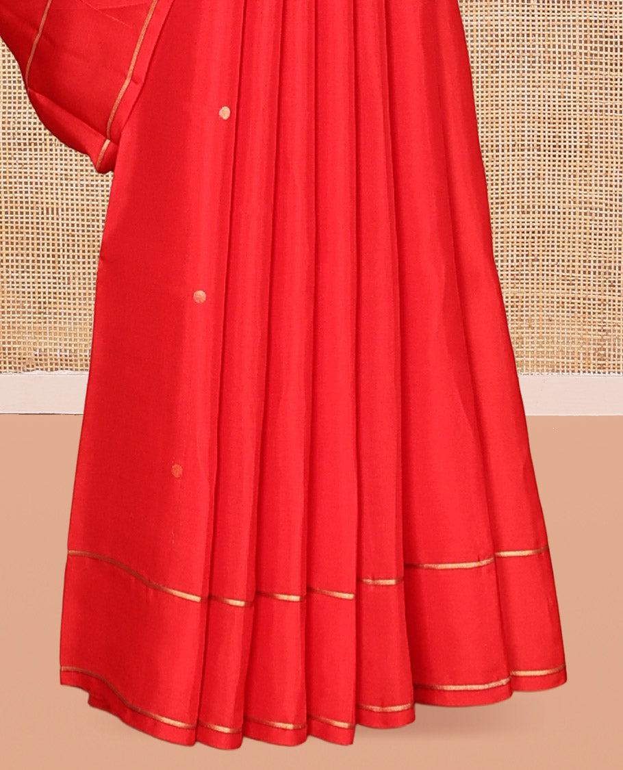 Red Vasundhara Lite Silk Saree, Subtly Sparkled with Paisa Zari Buttas Across Its Body, Highlighted Zari Border of Horizontal Stripes, Gleaming Pallu of Seppu Rekku Designs, and Paired with a Matching Blouse