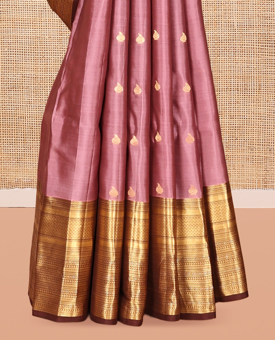 Grey-Brown Zari Buttas Vasundhara Lite Silk Mix Saree, Contrast Geometric Zari Border, Jaal Pallu, a Contrast Blouse