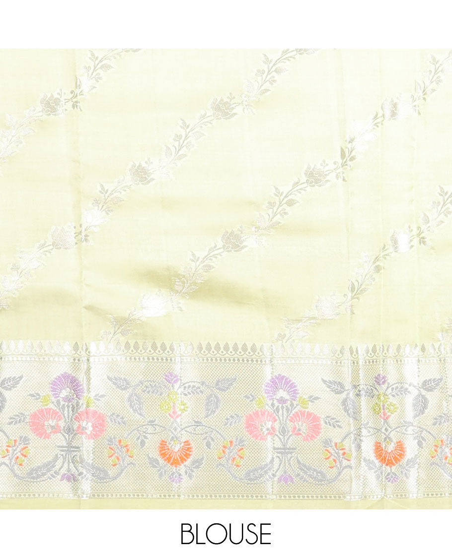 Green flower buttas raw mango silk saree, contrast zari border of floral meenalkari designs & zari design pallu
