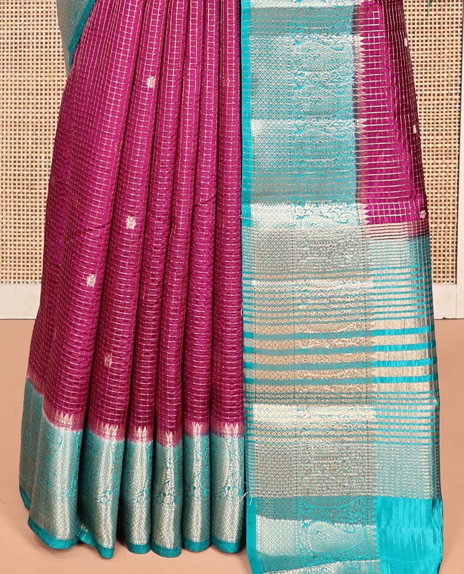 Purple Semi-Banarasi Dupion Saree, Bedecked with Zari Buttas and Checks, a Contrast Paisley Zari Border, Striped Pallu, and a Contrast Blouse