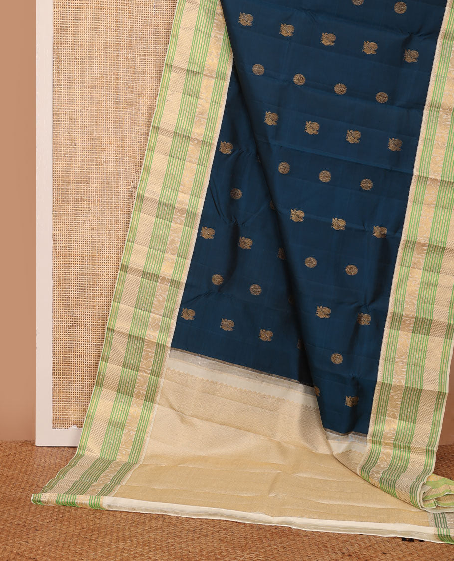 Blue mayil chakram buttas Kanchipuram silk saree, contrast border of banaras,lavangam, yaanai, mayil, and chevron design pallu