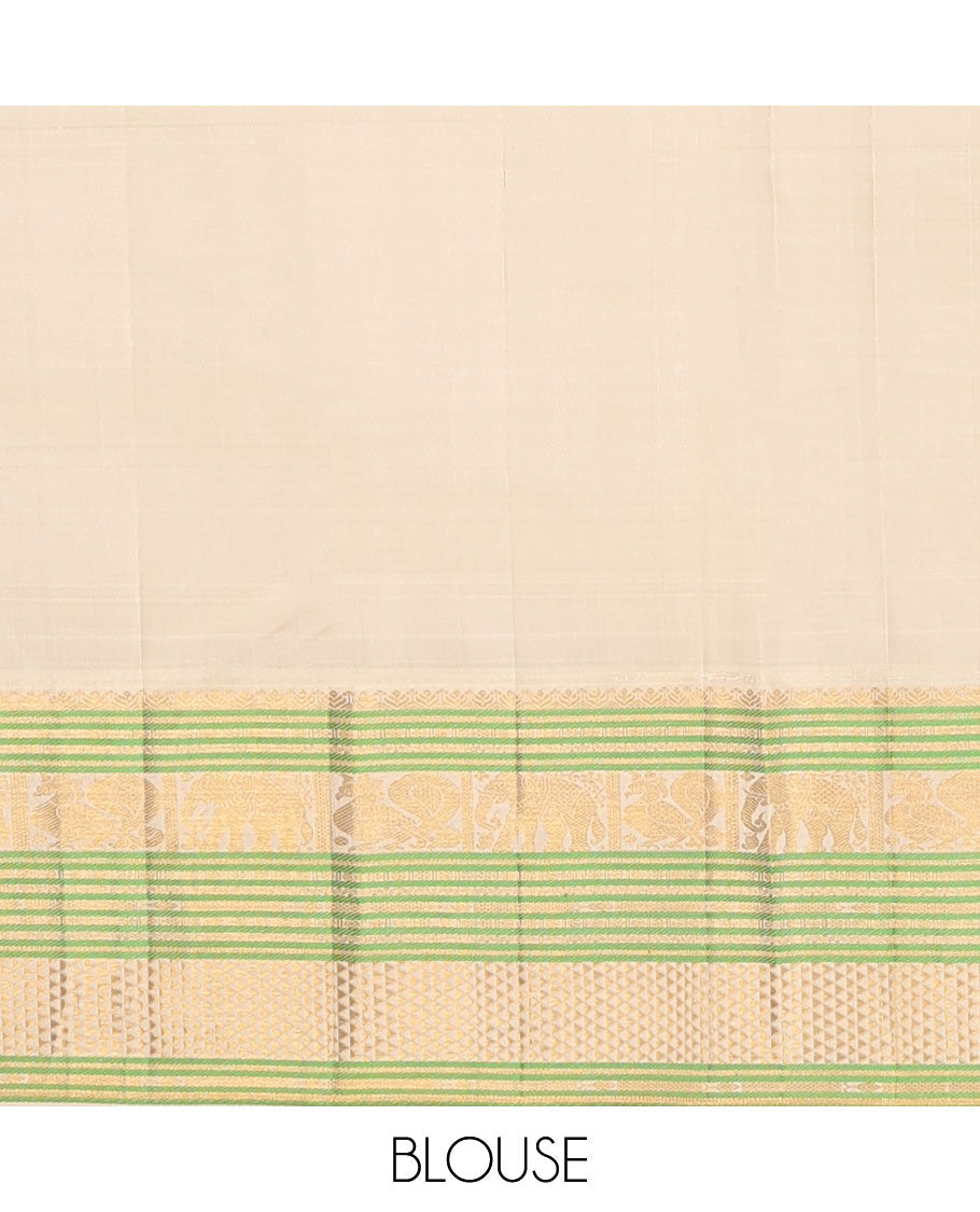 Blue mayil chakram buttas Kanchipuram silk saree, contrast border of banaras,lavangam, yaanai, mayil, and chevron design pallu