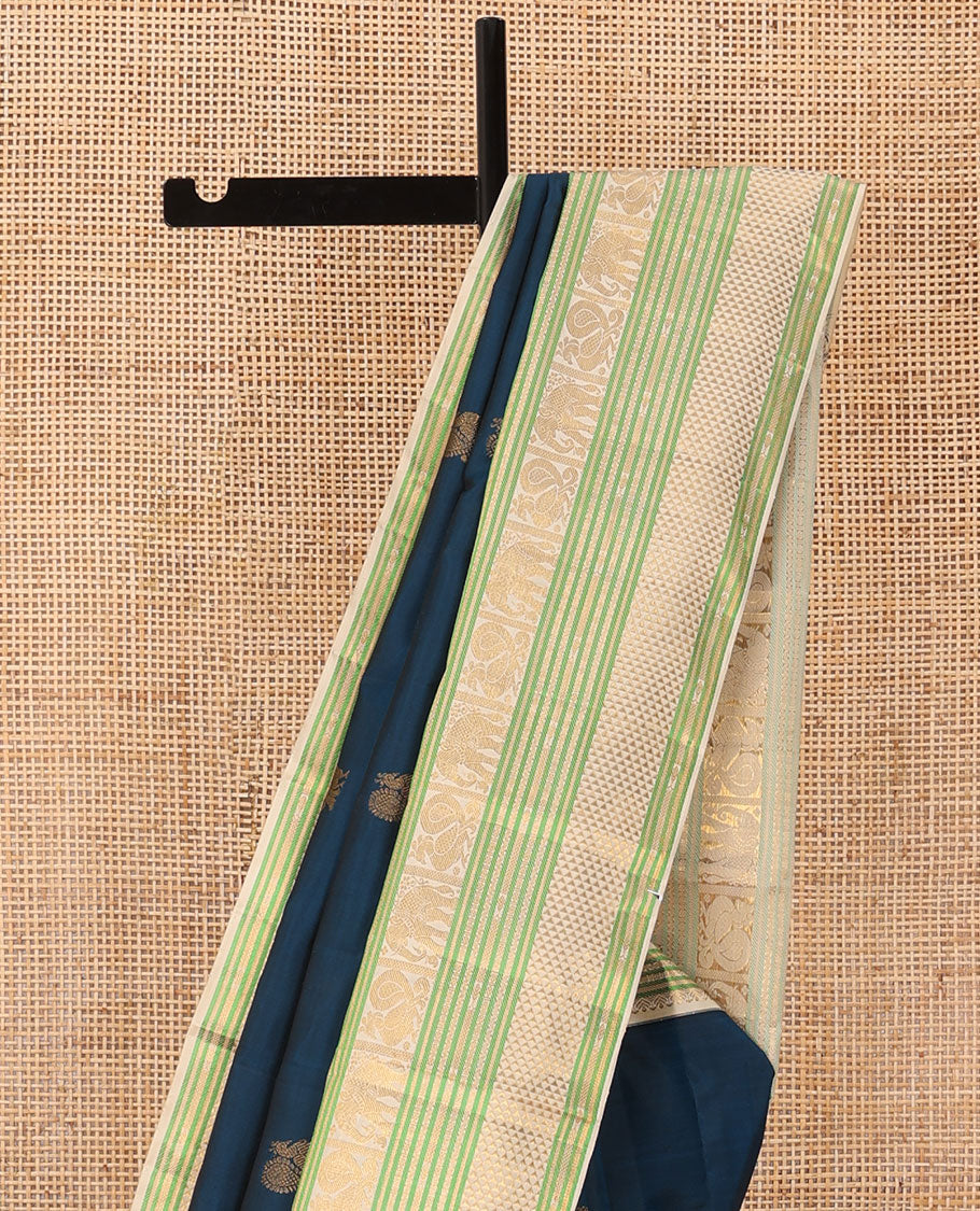 Blue mayil chakram buttas Kanchipuram silk saree, contrast border of banaras,lavangam, yaanai, mayil, and chevron design pallu