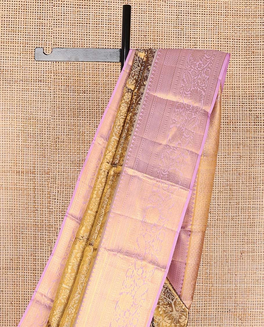 Olive green floral jacquard kancheepuram silk saree with contrast rekku, muthu, banaras, paun, kodi visiry design & jaal design pallu
