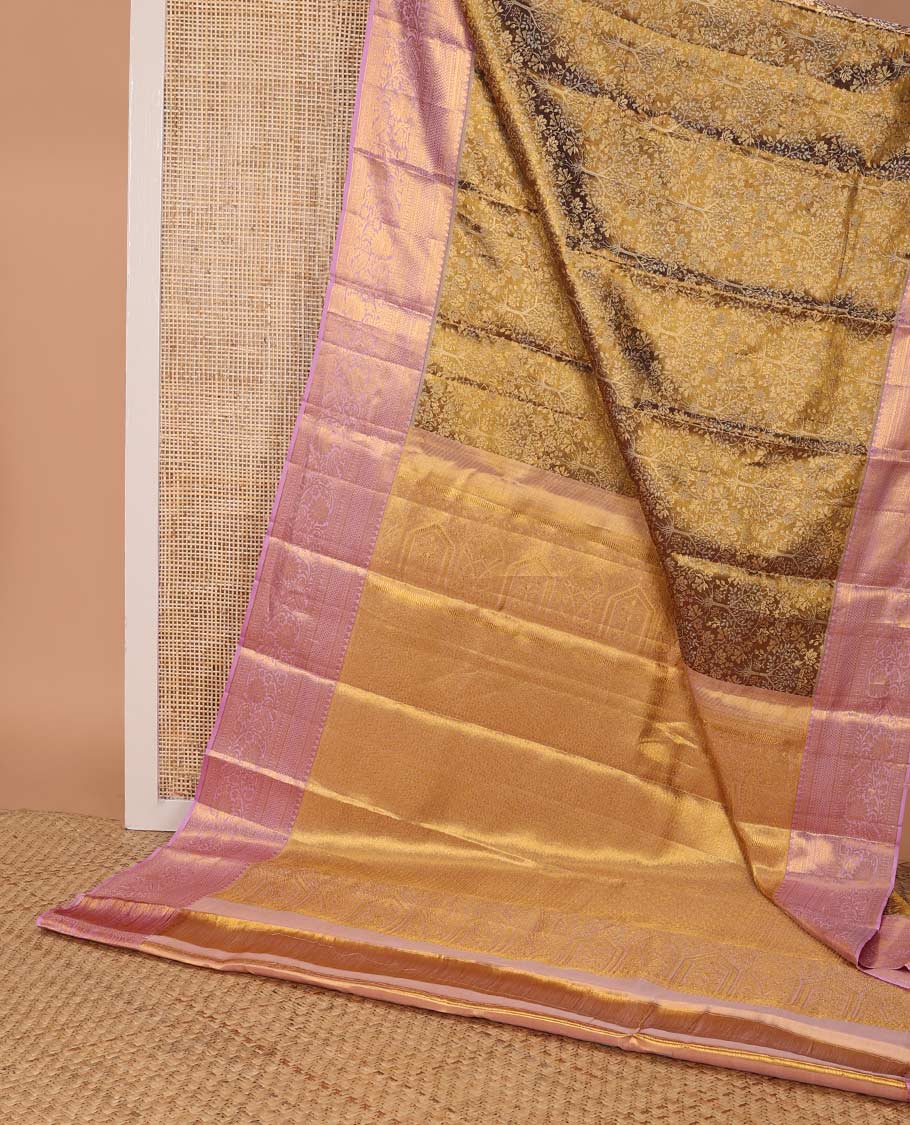 Olive green floral jacquard kancheepuram silk saree with contrast rekku, muthu, banaras, paun, kodi visiry design & jaal design pallu